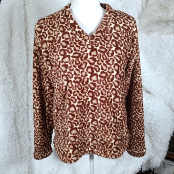 BLUE STAR BROWN & CREAM FUZZY LEOPARD PRINT PULLOVER SZ.M EUC - Picture 1 of 5